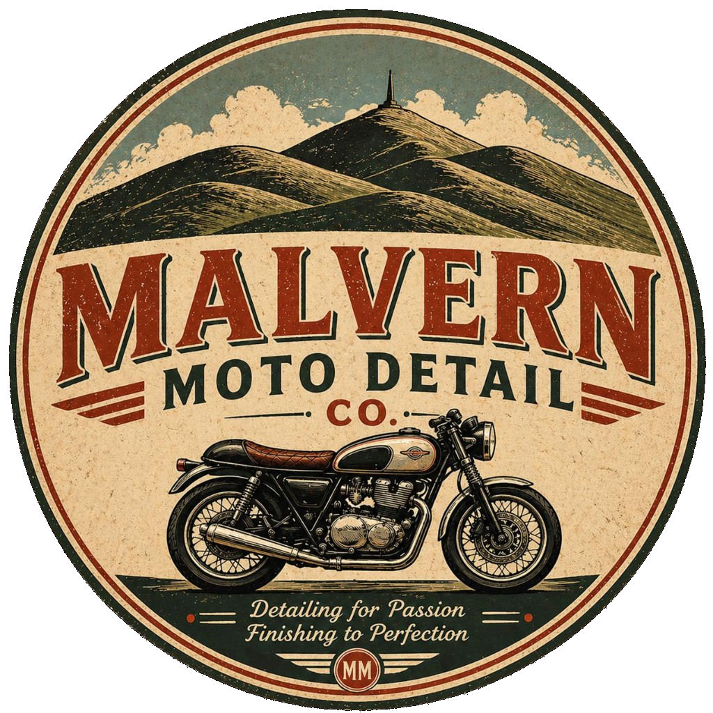 Malvern Moto Detail Co. — vintage circular badge with motorcycle and Malvern hills